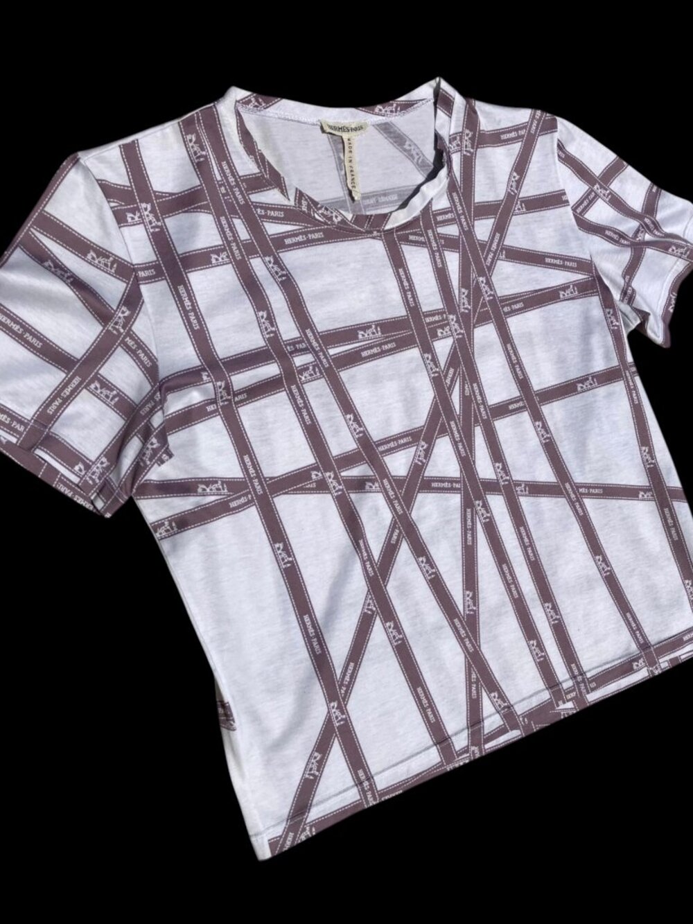 HERMES Vtg White Gray Stripe Monogram Ribbon Pattern Cotton T-Shirt Size M L